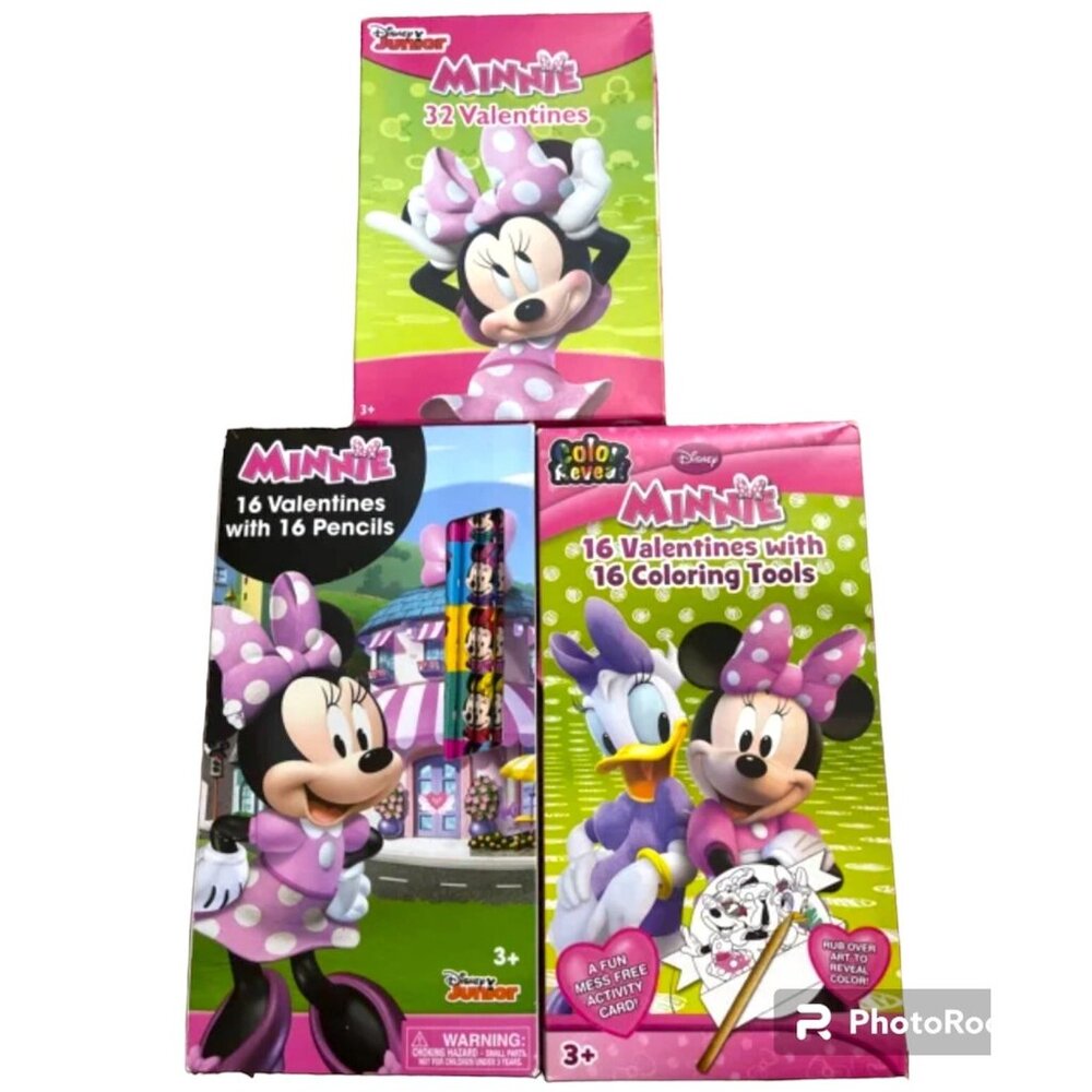 64~Disney Minnie Mouse Bow-tique Valentines with 16 Pencils & 16~Coloring Tools
